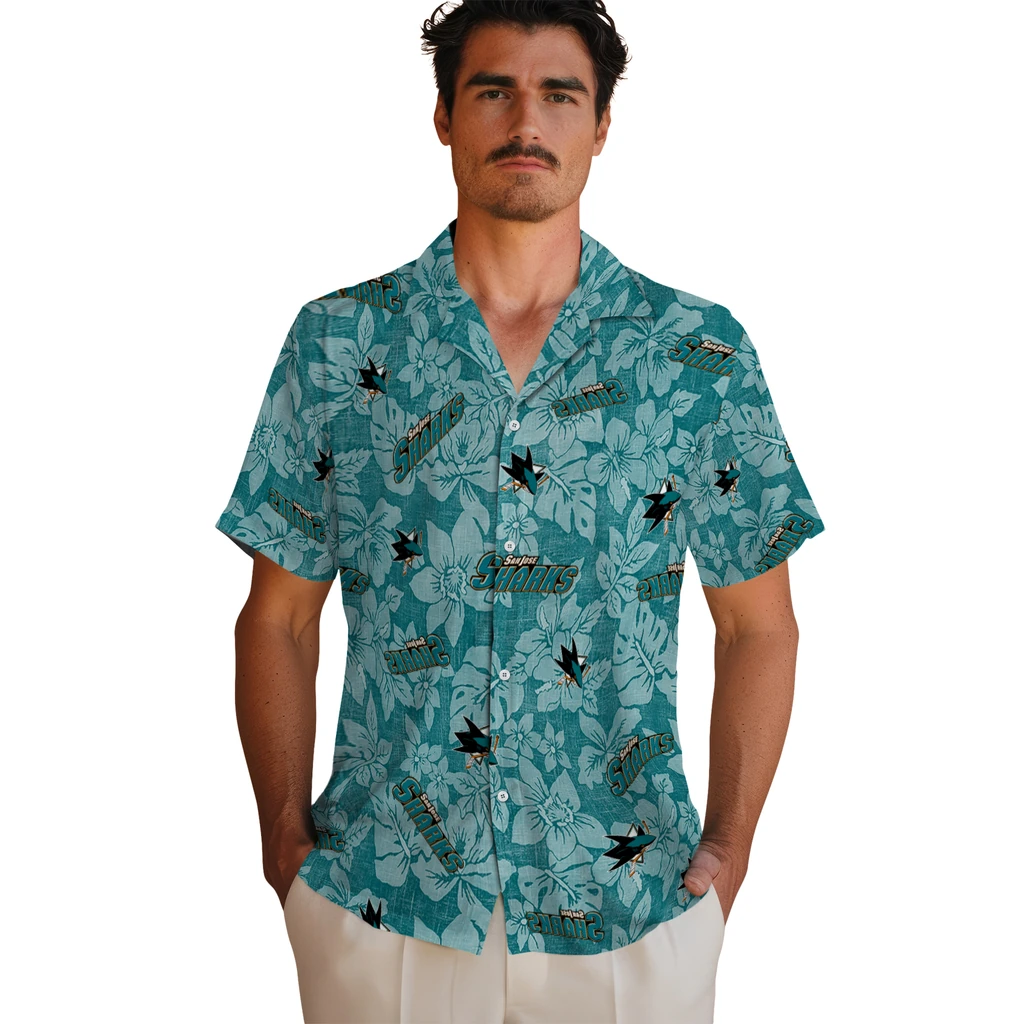 San Jose Sharks Hawaiian Shirt - Hibiscus Oasis san jose sharks hibiscus oasis teal hawaiian shirts fashion forward