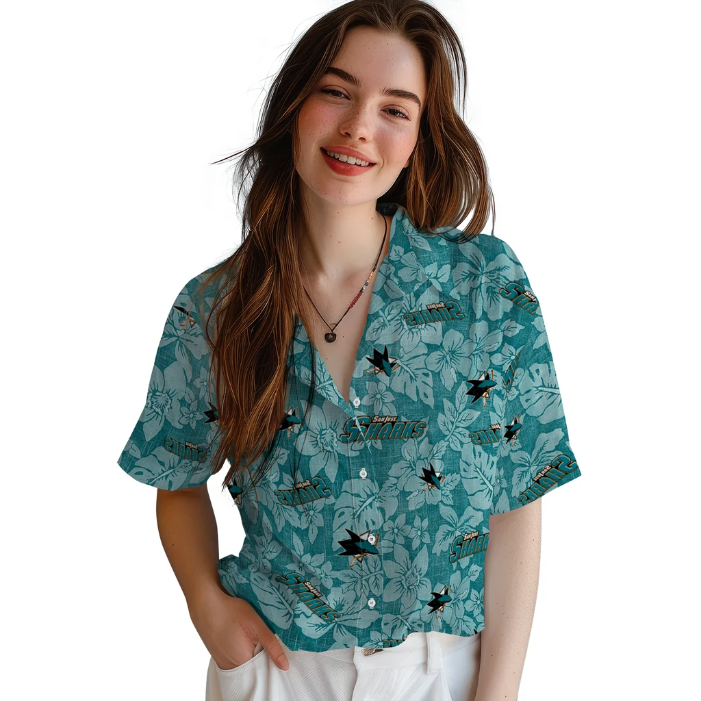 San Jose Sharks Hawaiian Shirt - Hibiscus Oasis san jose sharks hibiscus oasis teal hawaiian shirts latest model