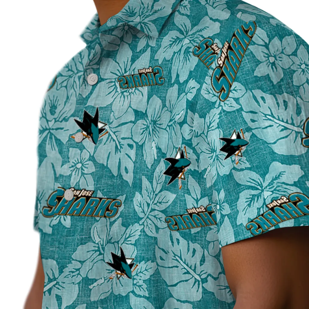 San Jose Sharks Hawaiian Shirt - Hibiscus Oasis san jose sharks hibiscus oasis teal hawaiian shirts trendy