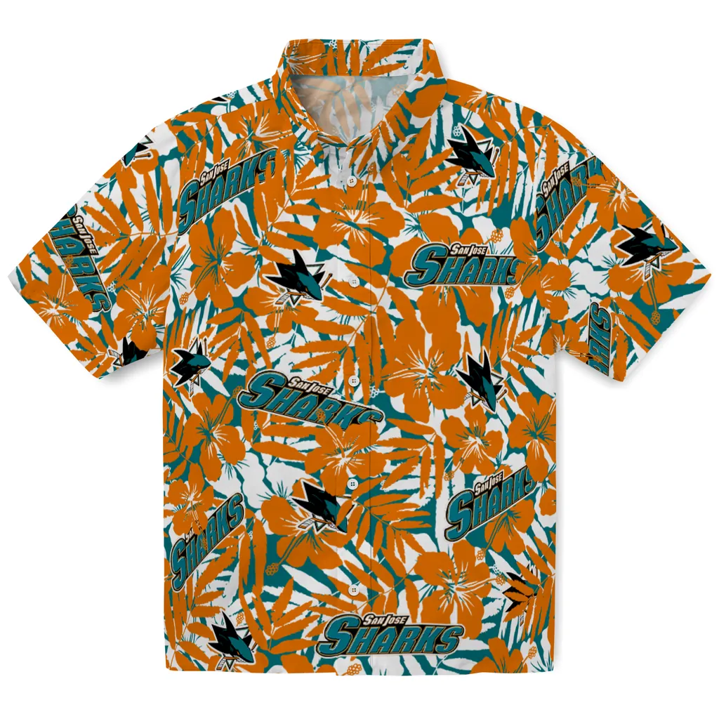 San Jose Sharks Hawaiian Shirt - Hibiscus Overlay san jose sharks hibiscus overlay hawaiian shirts best selling