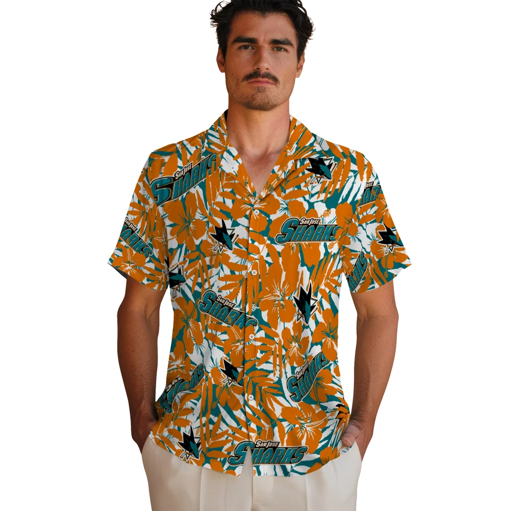 San Jose Sharks Hawaiian Shirt - Hibiscus Overlay san jose sharks hibiscus overlay hawaiian shirts fashion forward
