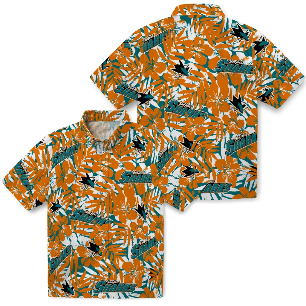San Jose Sharks Hawaiian Shirt - Hibiscus Overlay san jose sharks hibiscus overlay hawaiian shirts high quality