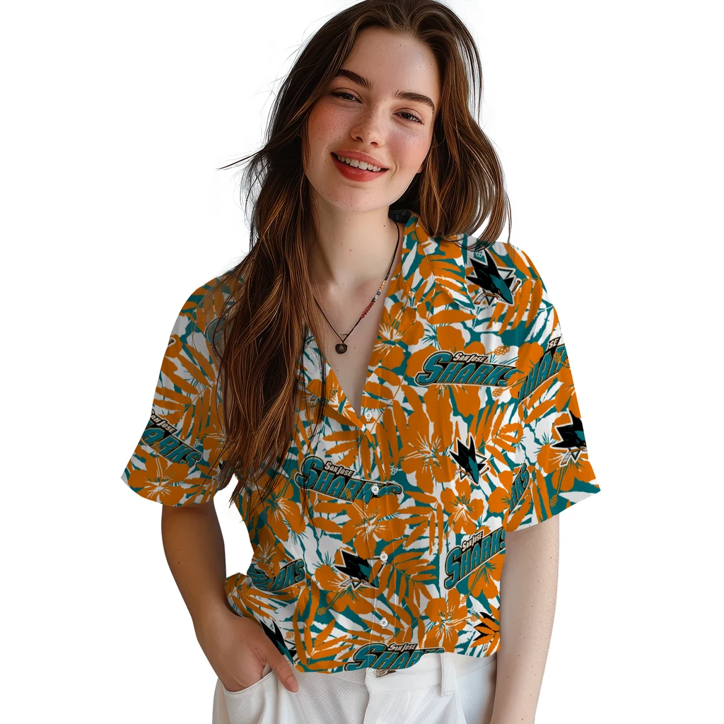 San Jose Sharks Hawaiian Shirt - Hibiscus Overlay san jose sharks hibiscus overlay hawaiian shirts latest model