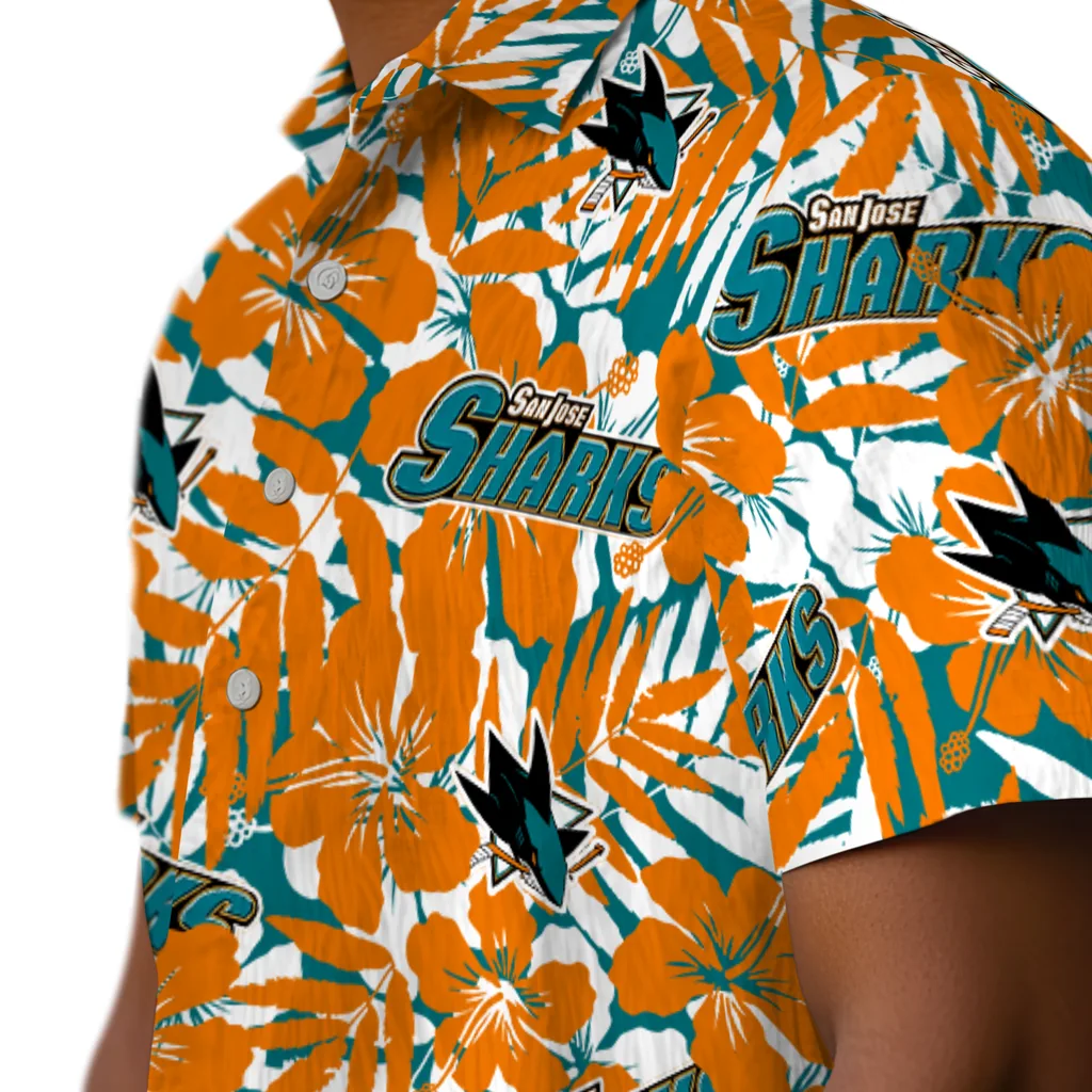 San Jose Sharks Hawaiian Shirt - Hibiscus Overlay san jose sharks hibiscus overlay hawaiian shirts trendy