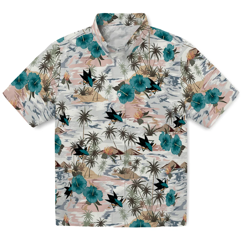 San Jose Sharks Hawaiian Shirt - Hibiscus Seaside san jose sharks hibiscus seaside white hawaiian shirts best selling