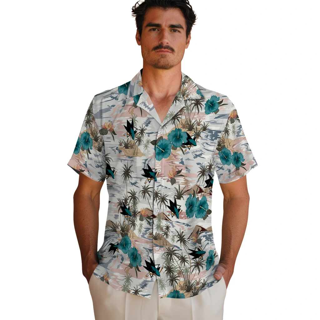 San Jose Sharks Hawaiian Shirt - Hibiscus Seaside san jose sharks hibiscus seaside white hawaiian shirts fashion forward