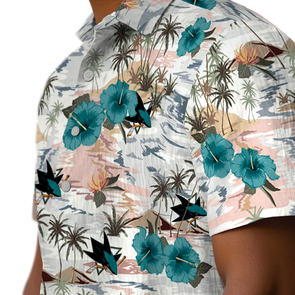 San Jose Sharks Hawaiian Shirt - Hibiscus Seaside san jose sharks hibiscus seaside white hawaiian shirts trendy