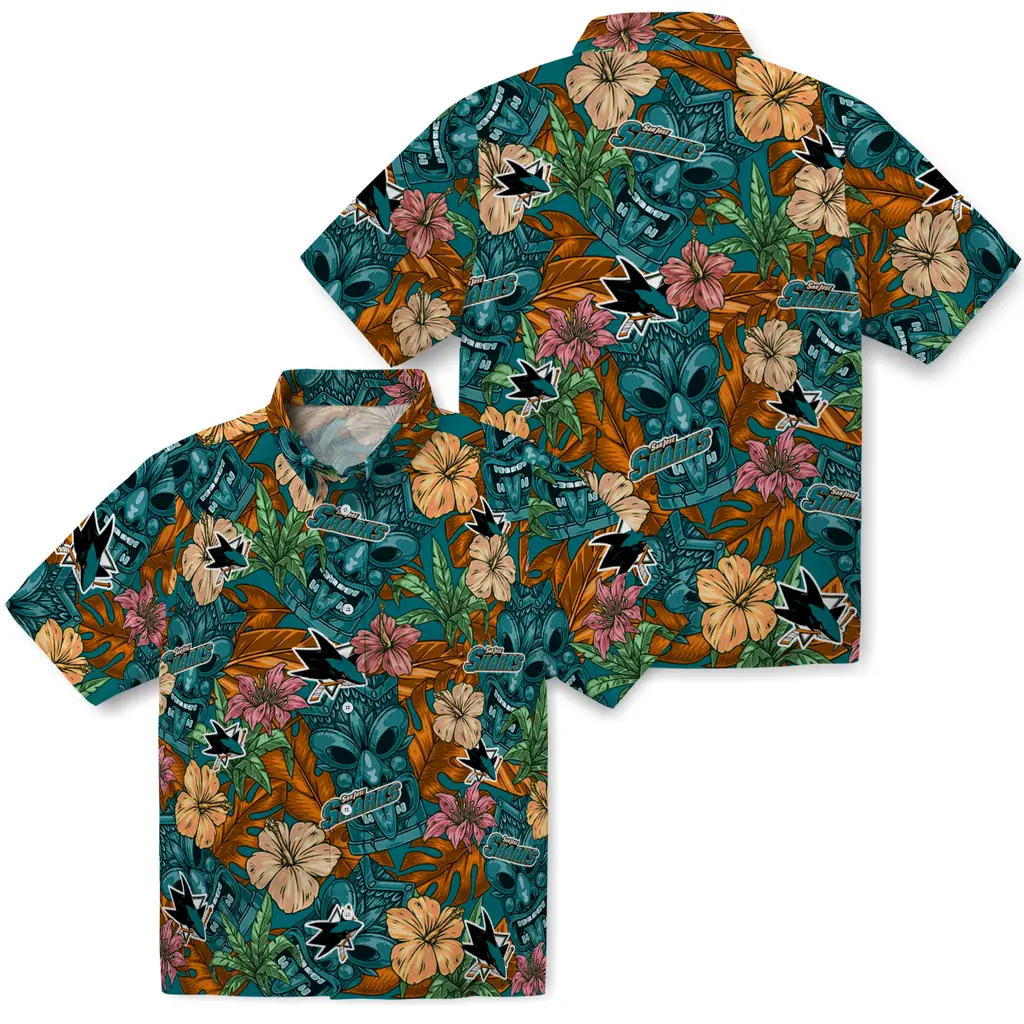 San Jose Sharks Hawaiian Shirt - Hibiscus Tiki Jungle san jose sharks tiki jungle teal hawaiian shirts high quality