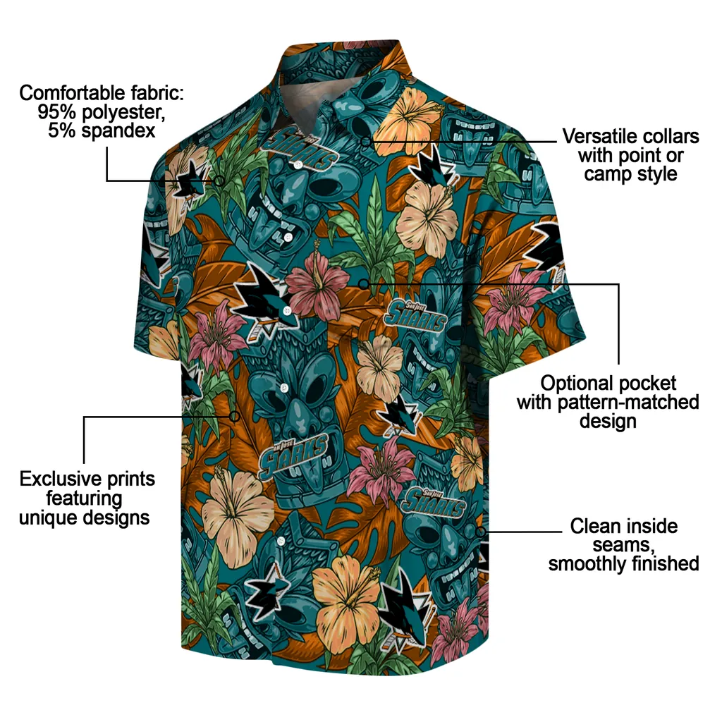 San Jose Sharks Hawaiian Shirt - Hibiscus Tiki Jungle san jose sharks tiki jungle teal hawaiian shirts new arrival