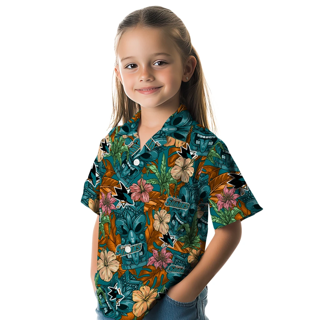San Jose Sharks Hawaiian Shirt - Hibiscus Tiki Jungle san jose sharks tiki jungle teal hawaiian shirts premium grade