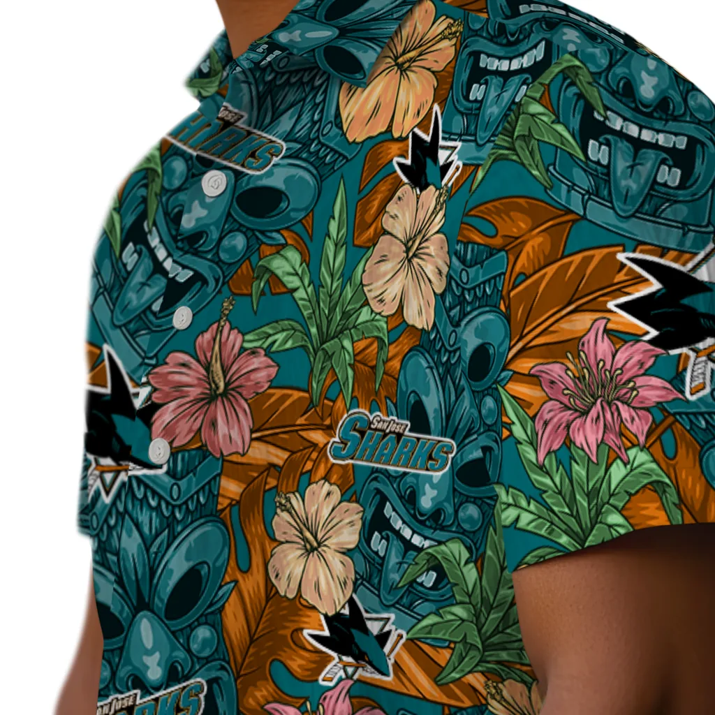 San Jose Sharks Hawaiian Shirt - Hibiscus Tiki Jungle san jose sharks tiki jungle teal hawaiian shirts trendy