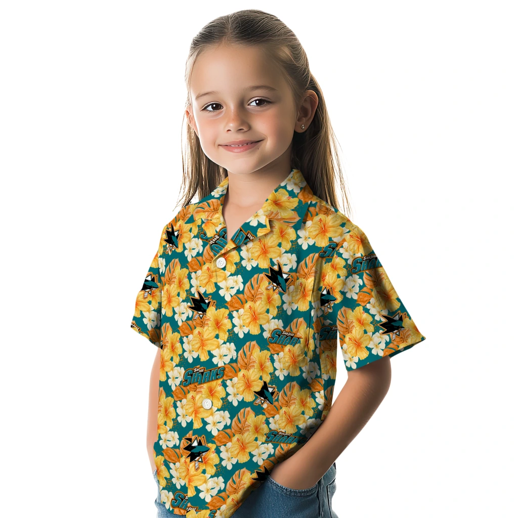 San Jose Sharks Hawaiian Shirt - Hibiscus Tropics san jose sharks hibiscus tropics teal yellow hawaiian shirts premium grade