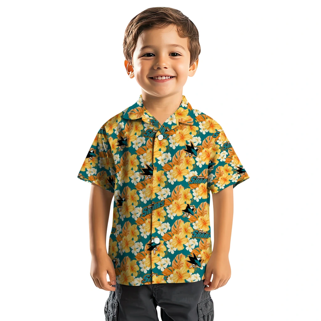 San Jose Sharks Hawaiian Shirt - Hibiscus Tropics san jose sharks hibiscus tropics teal yellow hawaiian shirts top rated