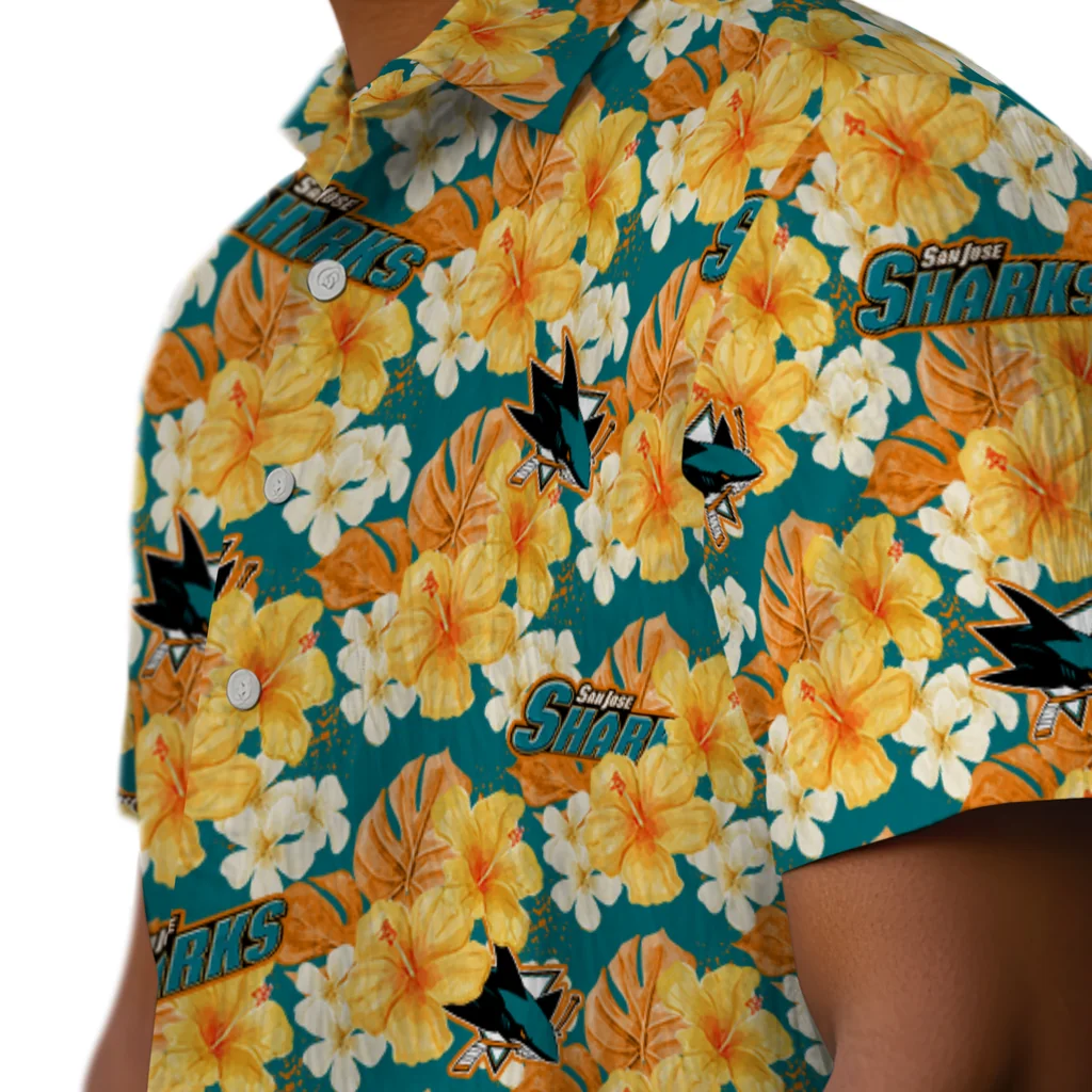 San Jose Sharks Hawaiian Shirt - Hibiscus Tropics san jose sharks hibiscus tropics teal yellow hawaiian shirts trendy