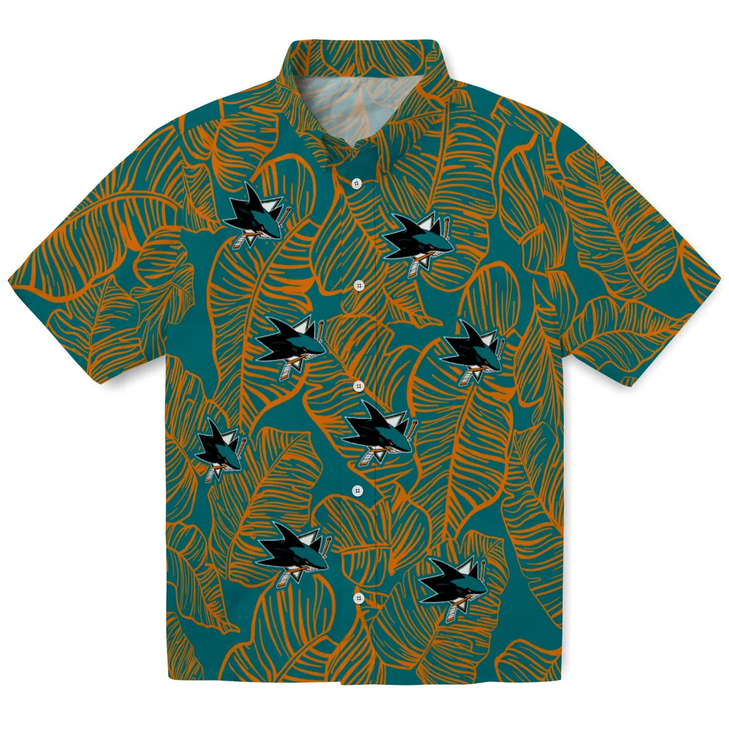 San Jose Sharks Hawaiian Shirt - Leaf Outline san jose sharks leaf outline teal hawaiian shirts best selling