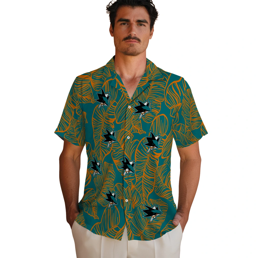 San Jose Sharks Hawaiian Shirt - Leaf Outline san jose sharks leaf outline teal hawaiian shirts fashion forward