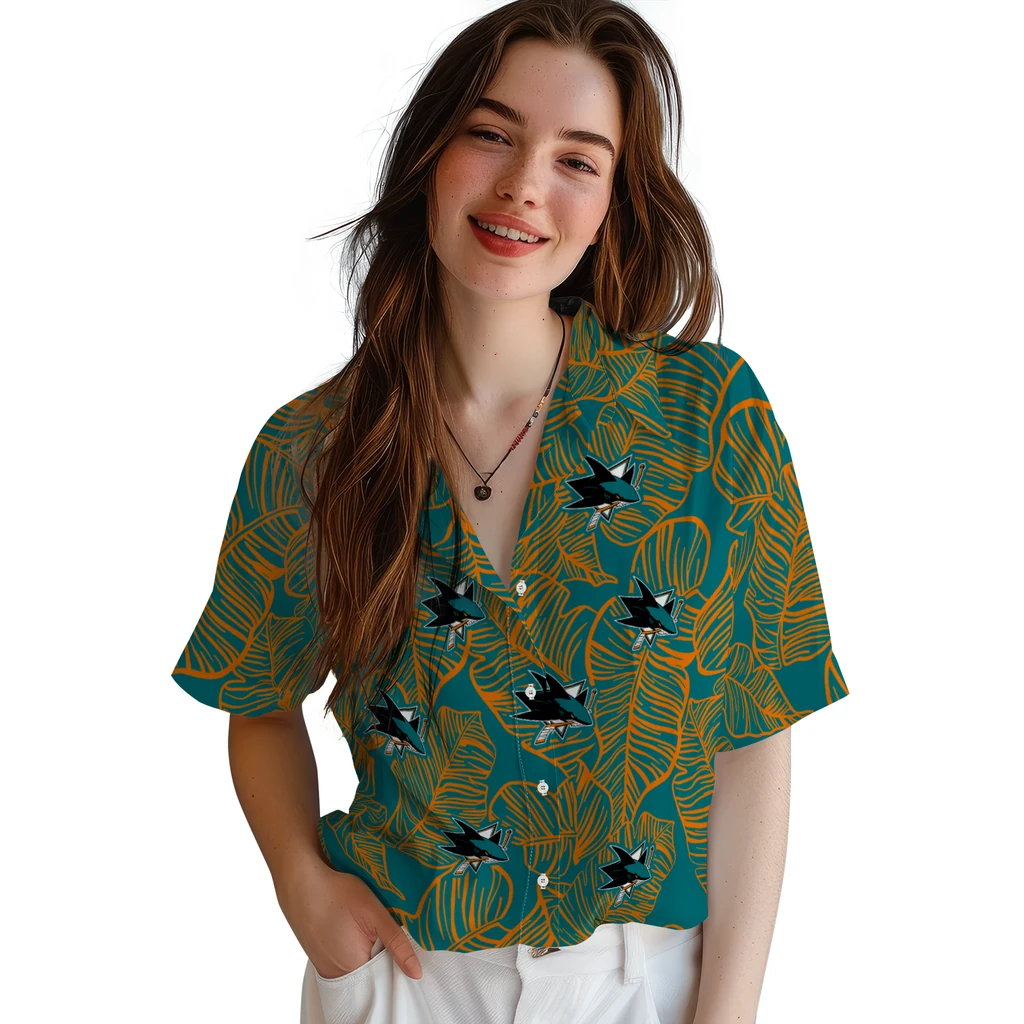 San Jose Sharks Hawaiian Shirt - Leaf Outline san jose sharks leaf outline teal hawaiian shirts latest model