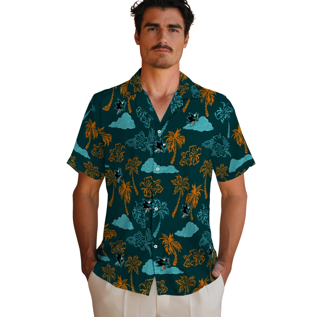 San Jose Sharks Hawaiian Shirt - Palm And Clouds san jose sharks palm and clouds teal hawaiian shirts fashion forward