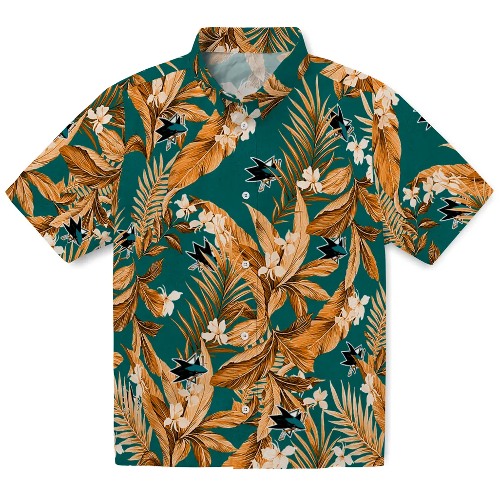 San Jose Sharks Hawaiian Shirt - Palm Leaves san jose sharks palm leaves teal hawaiian shirts best selling