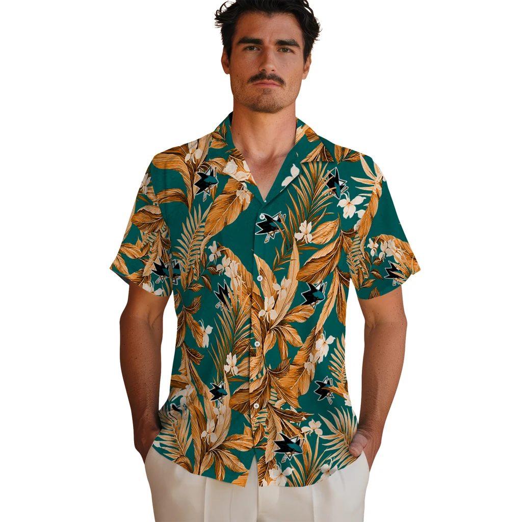 San Jose Sharks Hawaiian Shirt - Palm Leaves san jose sharks palm leaves teal hawaiian shirts fashion forward