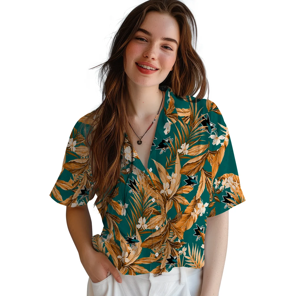 San Jose Sharks Hawaiian Shirt - Palm Leaves san jose sharks palm leaves teal hawaiian shirts latest model
