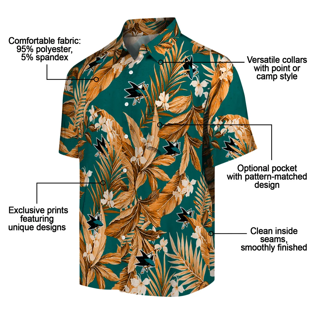 San Jose Sharks Hawaiian Shirt - Palm Leaves san jose sharks palm leaves teal hawaiian shirts new arrival