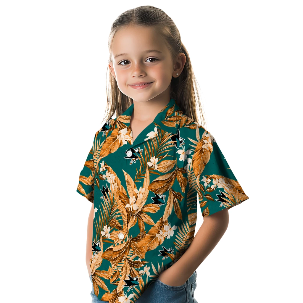 San Jose Sharks Hawaiian Shirt - Palm Leaves san jose sharks palm leaves teal hawaiian shirts premium grade