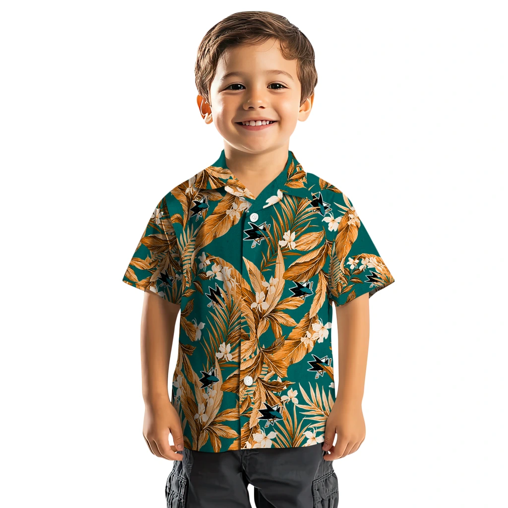 San Jose Sharks Hawaiian Shirt - Palm Leaves san jose sharks palm leaves teal hawaiian shirts top rated