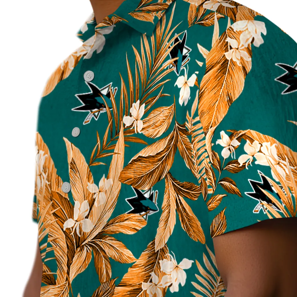 San Jose Sharks Hawaiian Shirt - Palm Leaves san jose sharks palm leaves teal hawaiian shirts trendy