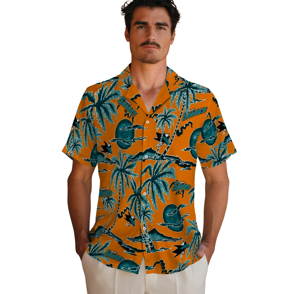 San Jose Sharks Hawaiian Shirt - Palm Sunset san jose sharks palm sunset hawaiian shirts fashion forward