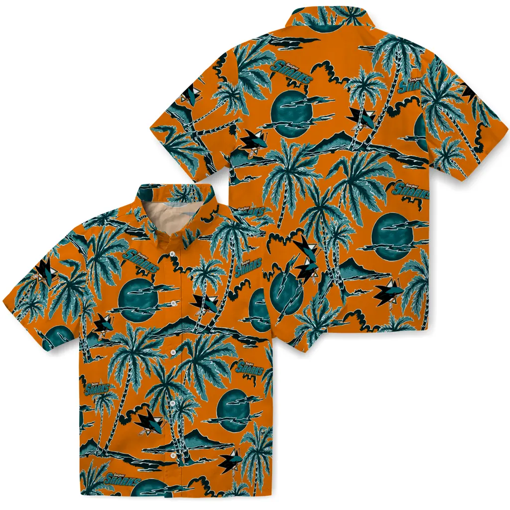 San Jose Sharks Hawaiian Shirt - Palm Sunset san jose sharks palm sunset hawaiian shirts high quality