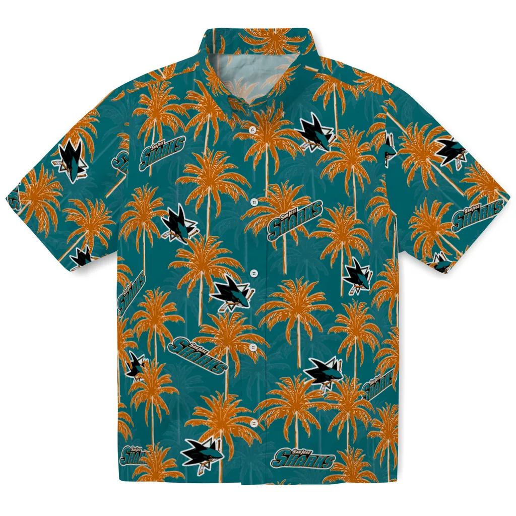 San Jose Sharks Hawaiian Shirt - Palm Tree Motif san jose sharks palm grove teal hawaiian shirts best selling