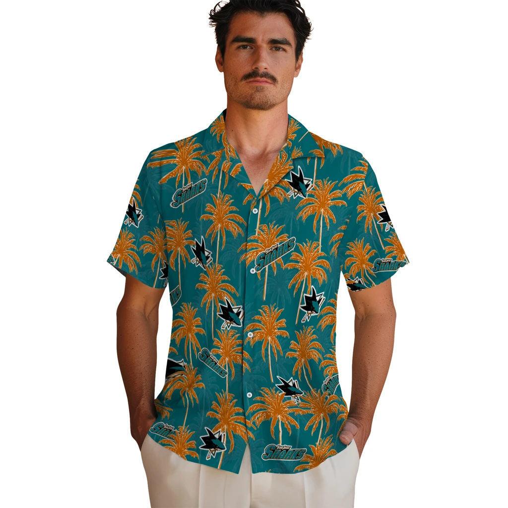 San Jose Sharks Hawaiian Shirt - Palm Tree Motif san jose sharks palm grove teal hawaiian shirts fashion forward