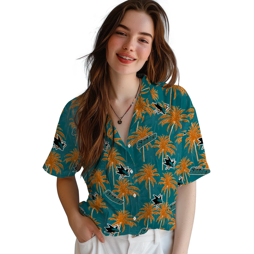 San Jose Sharks Hawaiian Shirt - Palm Tree Motif san jose sharks palm grove teal hawaiian shirts latest model