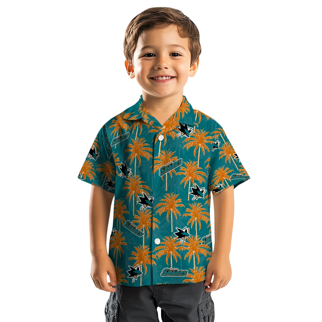 San Jose Sharks Hawaiian Shirt - Palm Tree Motif san jose sharks palm grove teal hawaiian shirts top rated