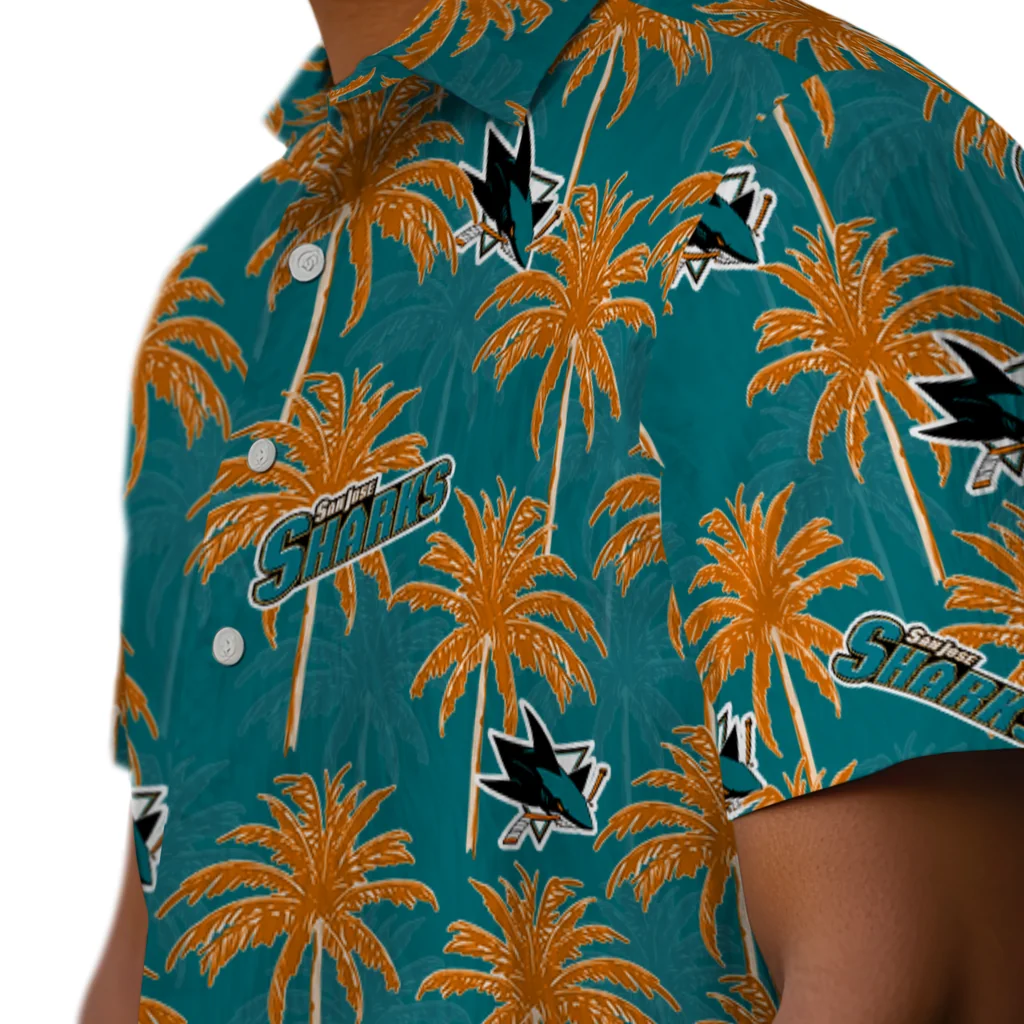 San Jose Sharks Hawaiian Shirt - Palm Tree Motif san jose sharks palm grove teal hawaiian shirts trendy
