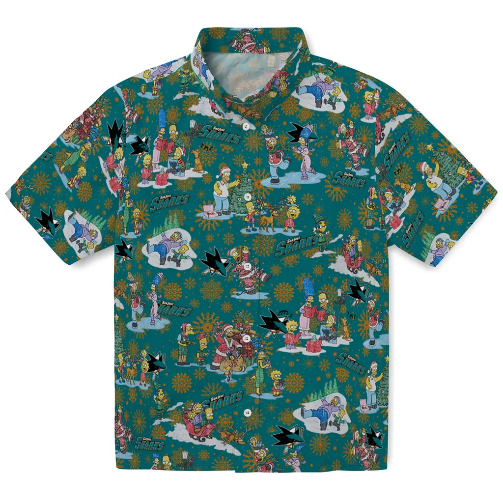 San Jose Sharks Hawaiian Shirt - Simpsons Christmas san jose sharks simpsons christmas teal hawaiian shirts best selling