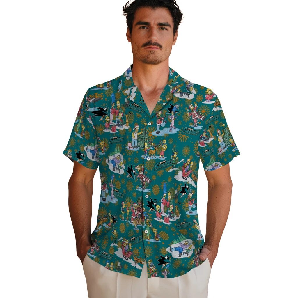 San Jose Sharks Hawaiian Shirt - Simpsons Christmas san jose sharks simpsons christmas teal hawaiian shirts fashion forward