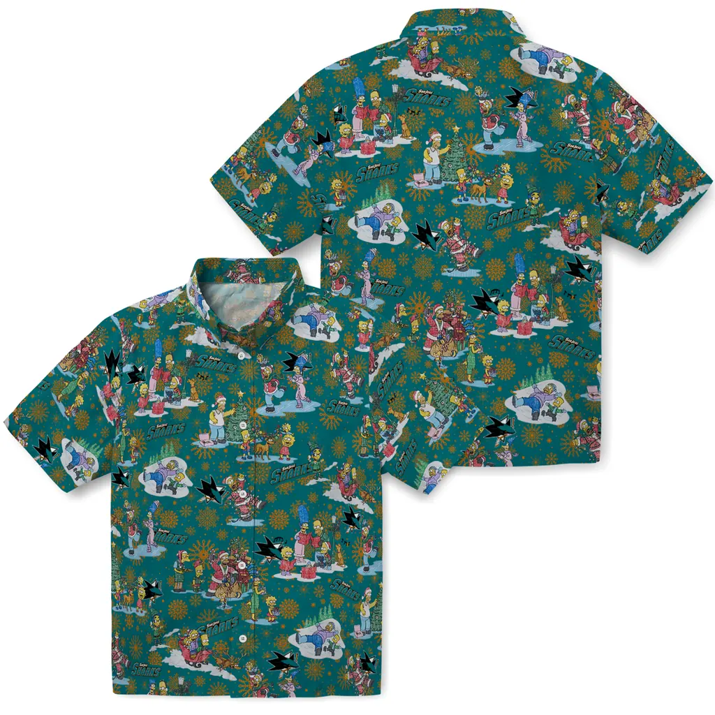 San Jose Sharks Hawaiian Shirt - Simpsons Christmas san jose sharks simpsons christmas teal hawaiian shirts high quality