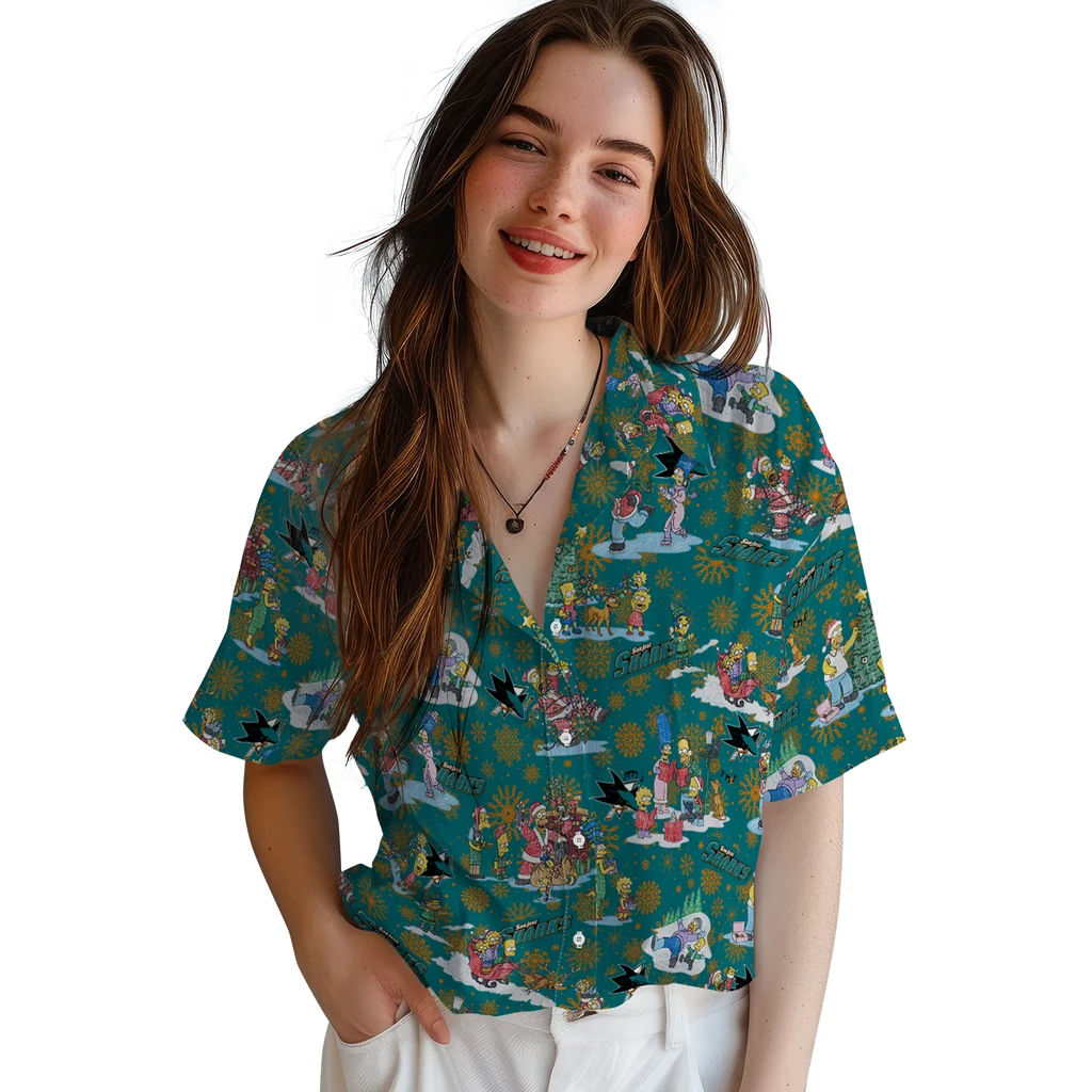 San Jose Sharks Hawaiian Shirt - Simpsons Christmas san jose sharks simpsons christmas teal hawaiian shirts latest model