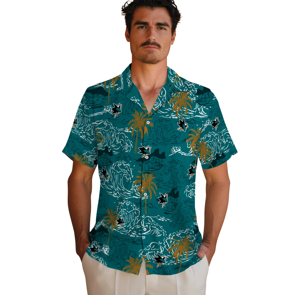 San Jose Sharks Hawaiian Shirt - Wave Palm san jose sharks wave palm teal hawaiian shirts fashion forward