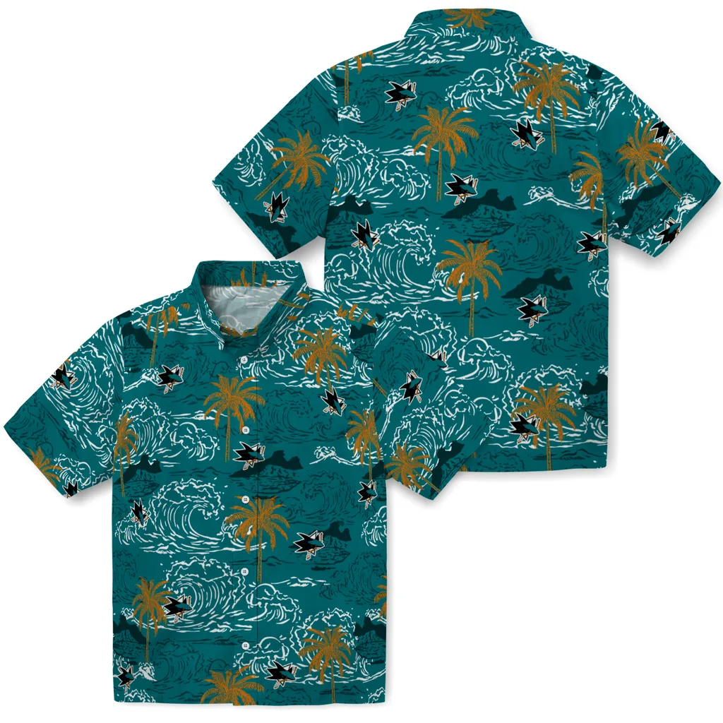 San Jose Sharks Hawaiian Shirt - Wave Palm san jose sharks wave palm teal hawaiian shirts high quality