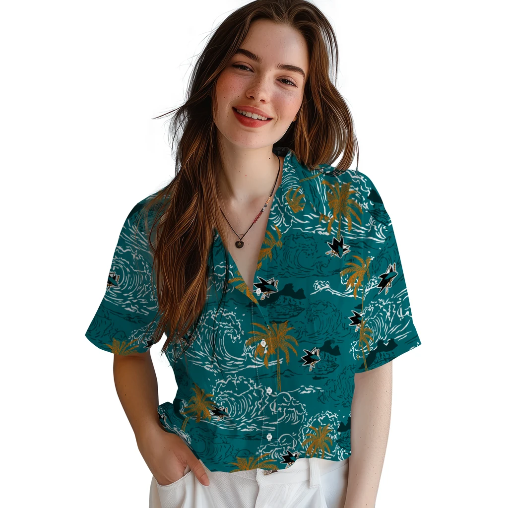 San Jose Sharks Hawaiian Shirt - Wave Palm san jose sharks wave palm teal hawaiian shirts latest model
