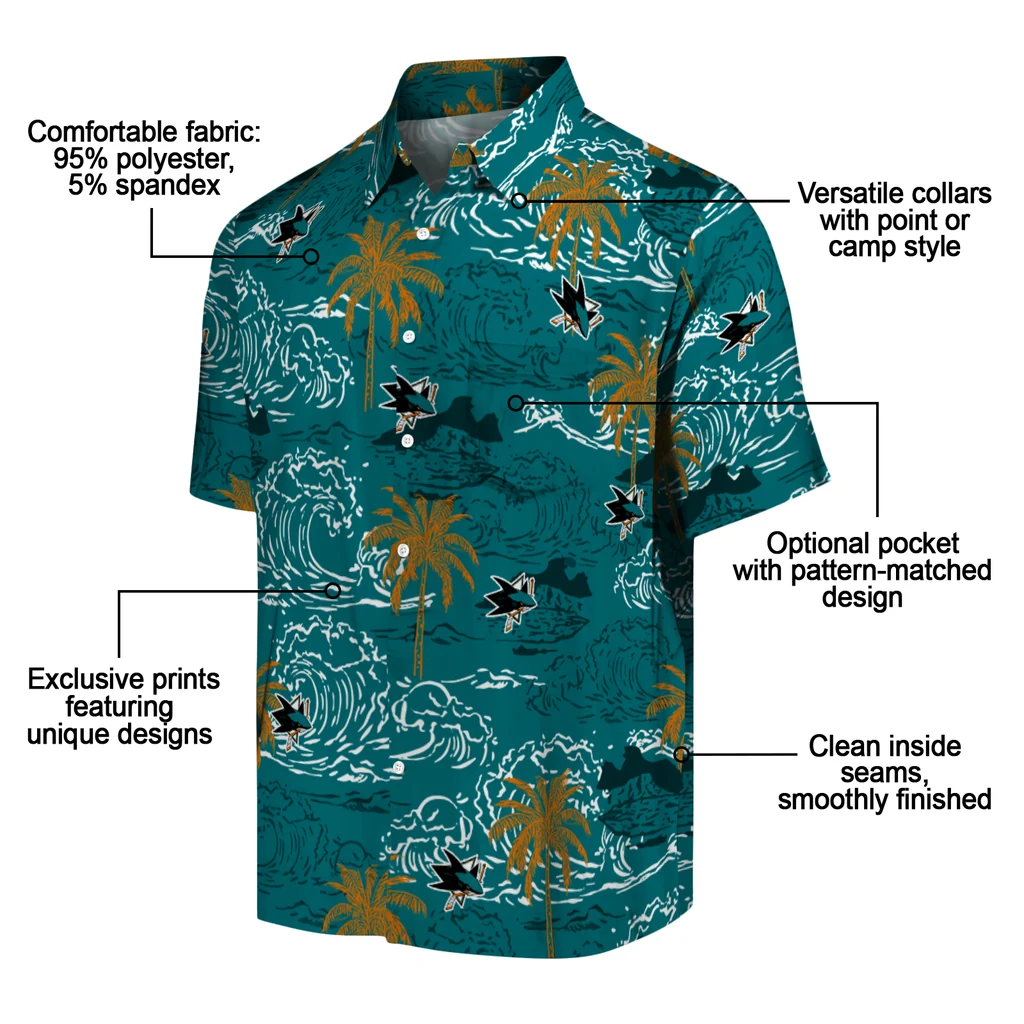 San Jose Sharks Hawaiian Shirt - Wave Palm san jose sharks wave palm teal hawaiian shirts new arrival