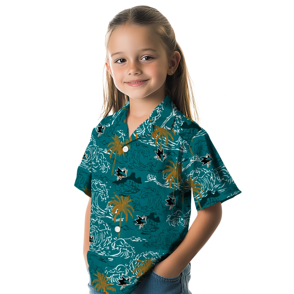 San Jose Sharks Hawaiian Shirt - Wave Palm san jose sharks wave palm teal hawaiian shirts premium grade