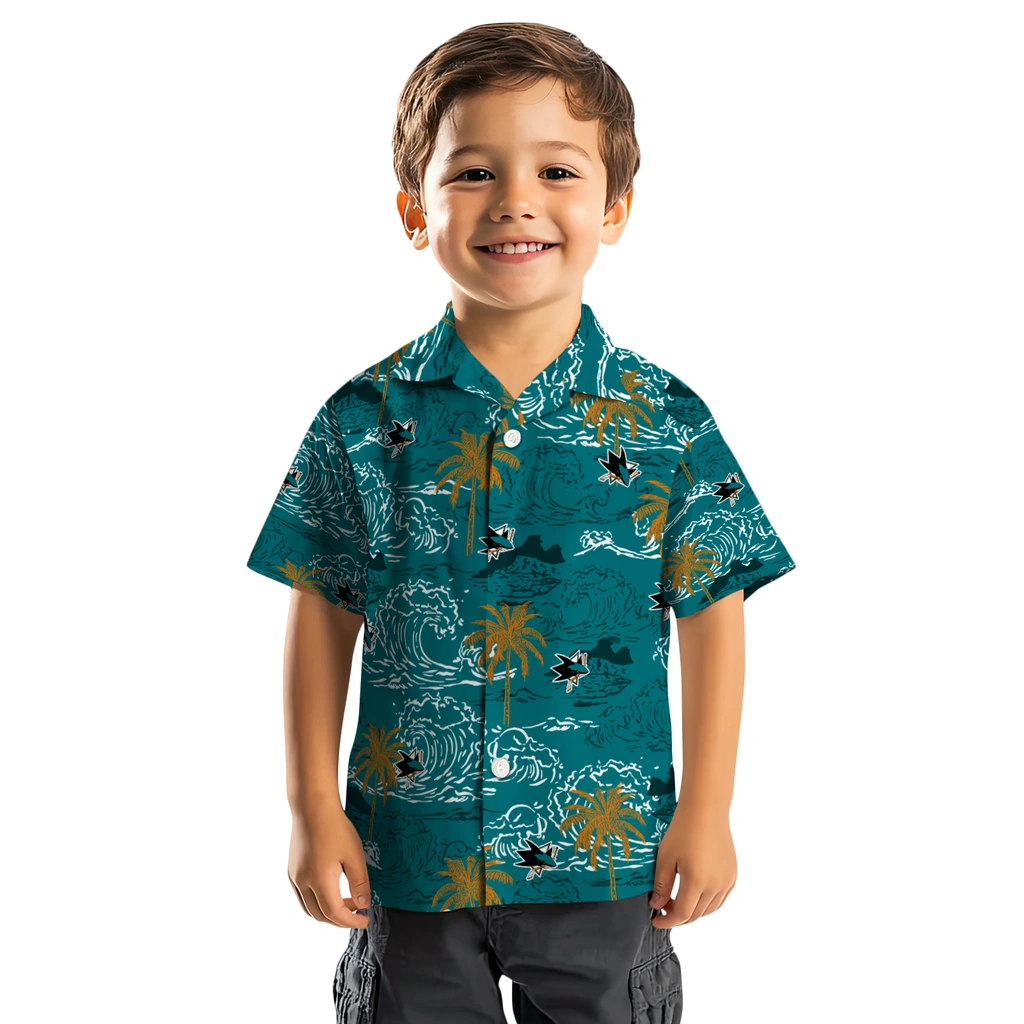 San Jose Sharks Hawaiian Shirt - Wave Palm san jose sharks wave palm teal hawaiian shirts top rated