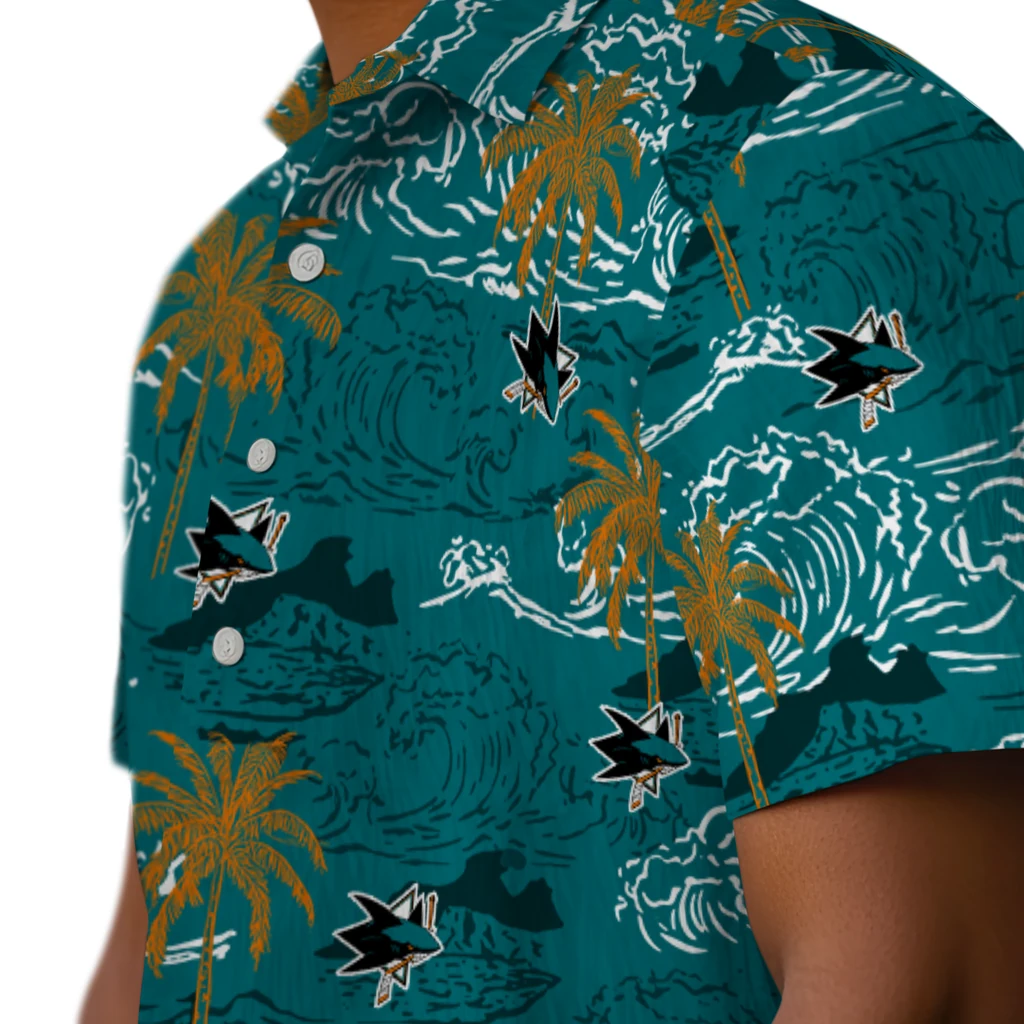 San Jose Sharks Hawaiian Shirt - Wave Palm san jose sharks wave palm teal hawaiian shirts trendy