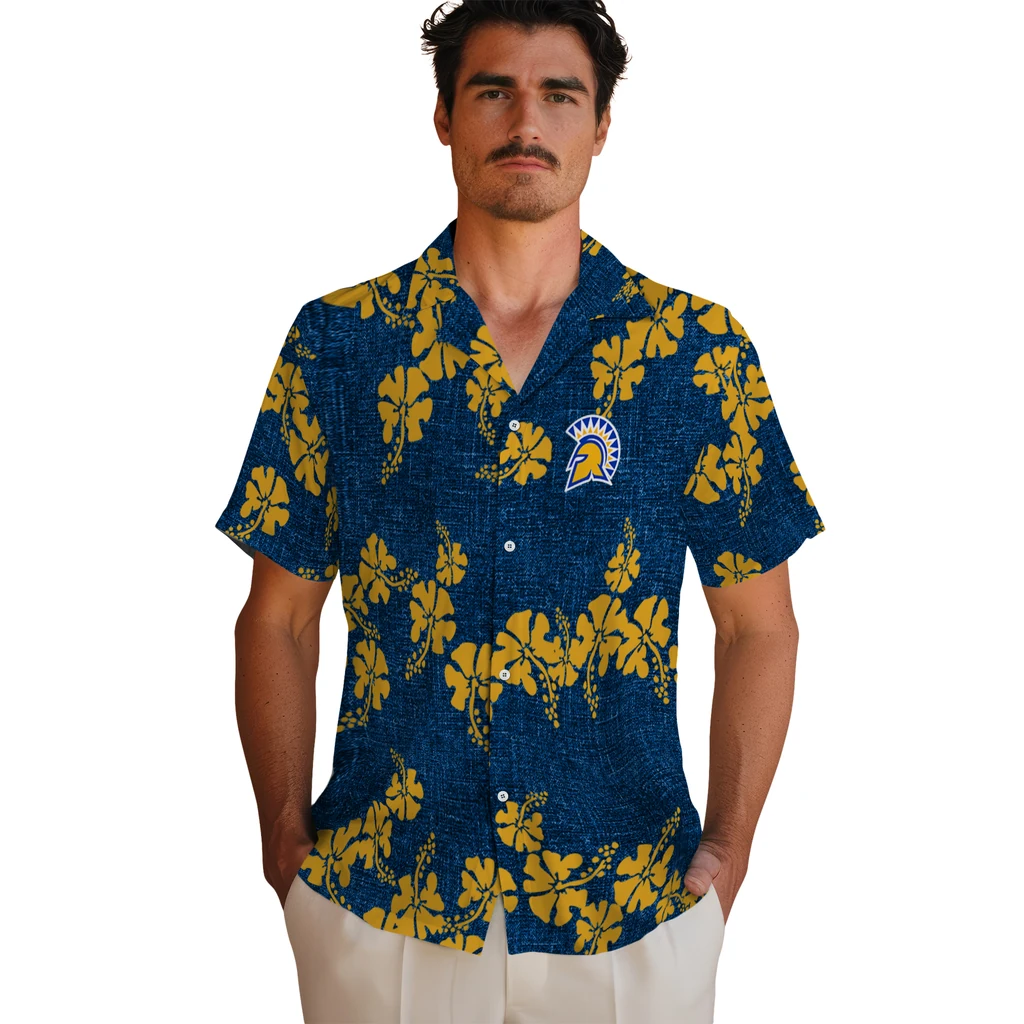 San Jose State Spartans Hawaiian Shirt - 50th State Flower san jose state spartans hibiscus petals blue hawaiian shirts fashion forward