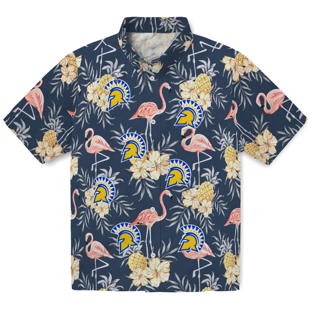 San Jose State Spartans Hawaiian Shirt - Flamingo Hibiscus san jose state spartans flamingo hibiscus navy hawaiian shirts best selling
