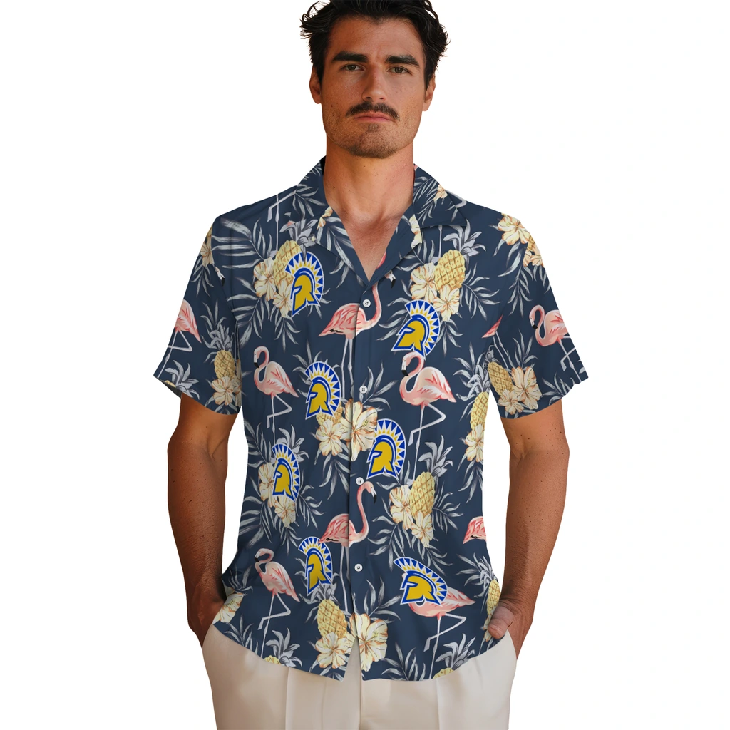 San Jose State Spartans Hawaiian Shirt - Flamingo Hibiscus san jose state spartans flamingo hibiscus navy hawaiian shirts fashion forward